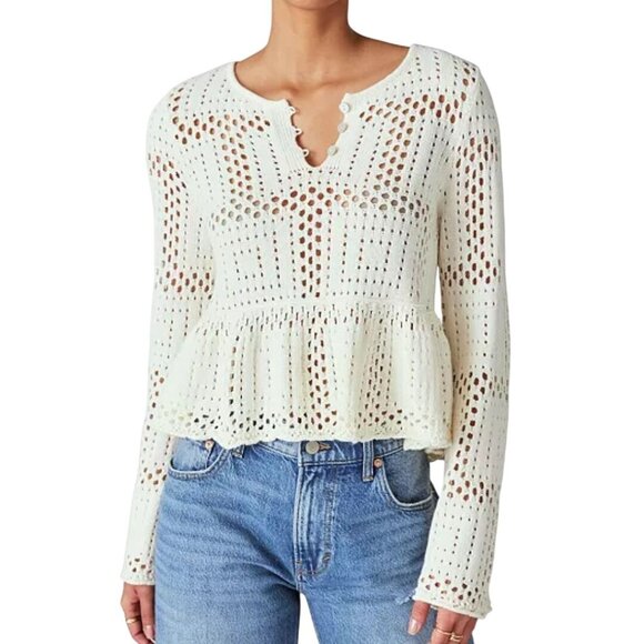Lucky Brand NWT Open Stitch Peplum Long Sleeve Sweater Cream Size XL - Picture 5 of 11